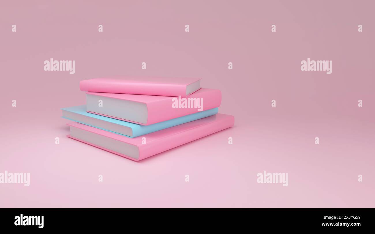 Stack of books in soothing pastel pink and blue hues, presented on a soft pink background for a calm, minimalist aesthetic. back to school. 3D illustr Stock Photo