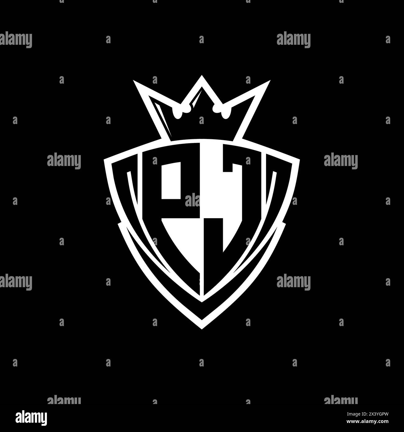 PJ Bold letter logo with sharp triangle shield shape with crown inside ...
