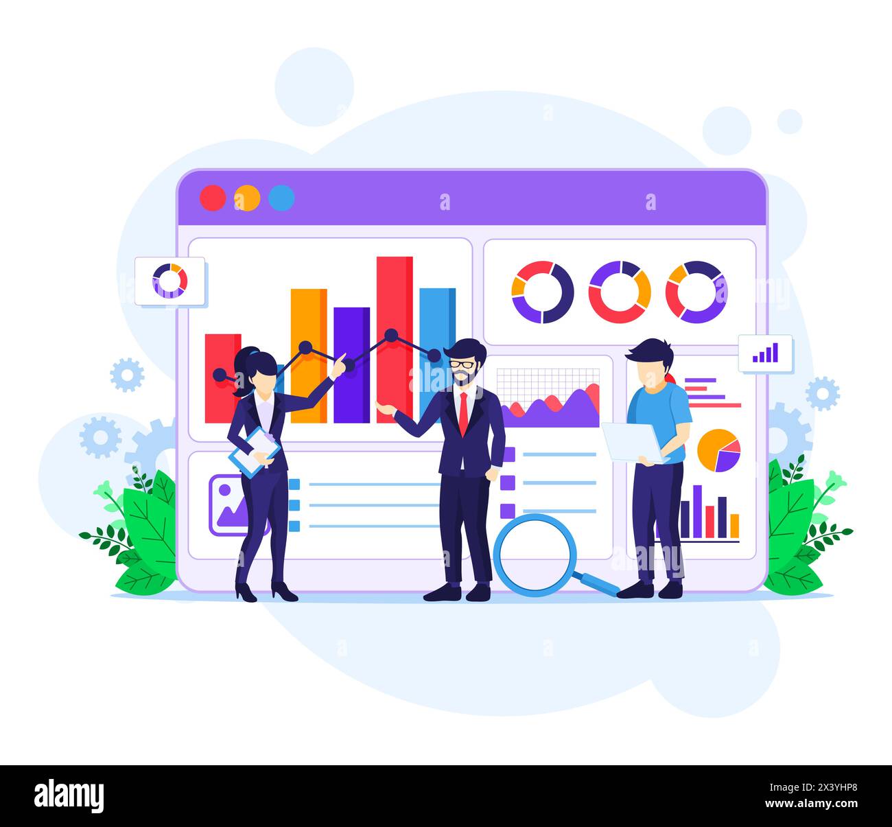 Data Analysis concept, People work in front of a big screen. Auditing, Financial consulting vector illustration Stock Vector