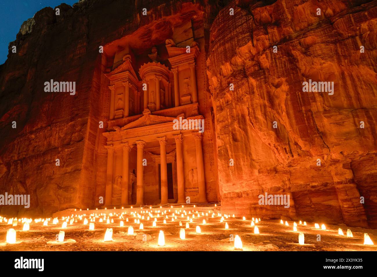 The Treasury in Petra, Jordan lit up with candles Stock Photo