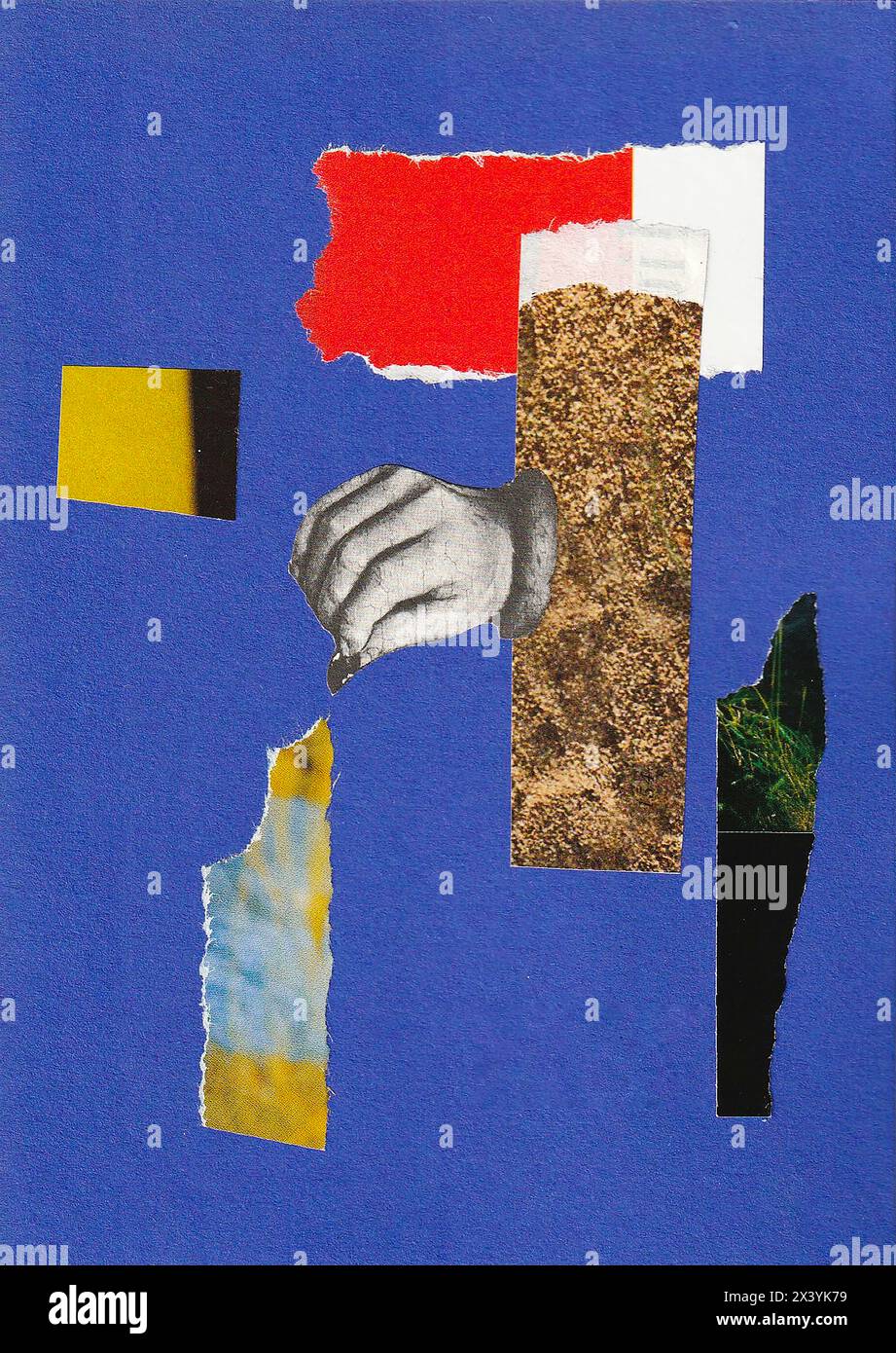 a hand pulling something. Collage on a blue background with colored ...