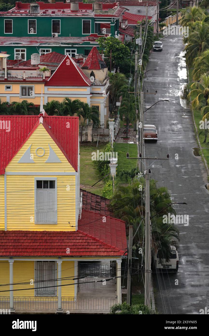 208 Buildings on Calle 35 Street running along the southernmost point of Punta Gorda Peninsula jutting into Jagua Bay. Cienfuegos-Cuba. Stock Photo