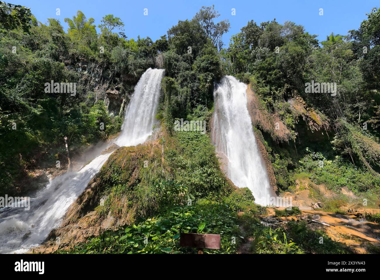 216 Salto El Rocio Waterfall two branches, Centinelas del Rio Melodioso Hike, Guanayara Park, Sierra de Escambray Mountains. Cienfuegos Province-Cuba. Stock Photo