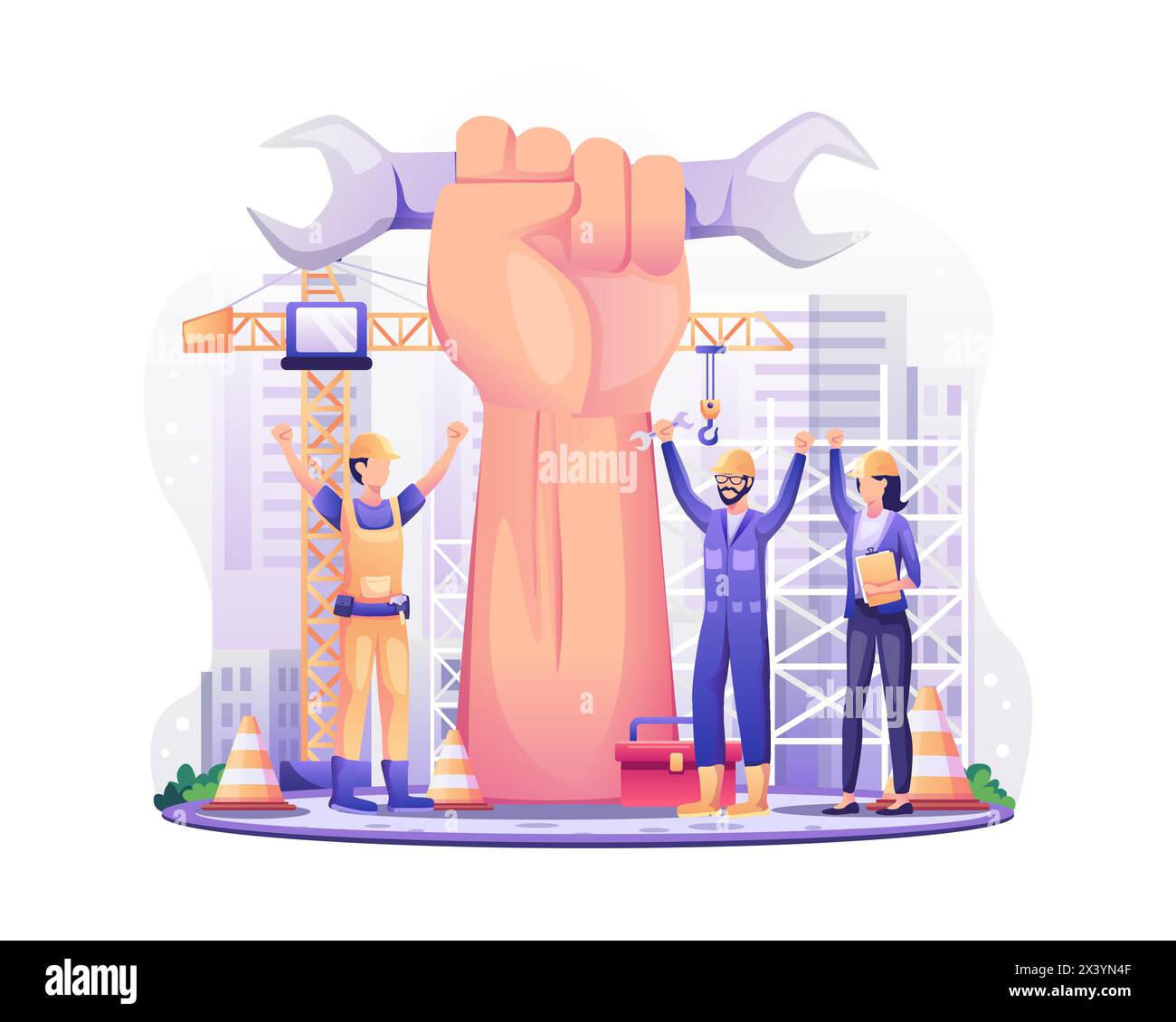 Happy Labour day. Construction workers with Raised up giant arm fist celebrate Labour Day On 1 May. vector illustration Stock Vector