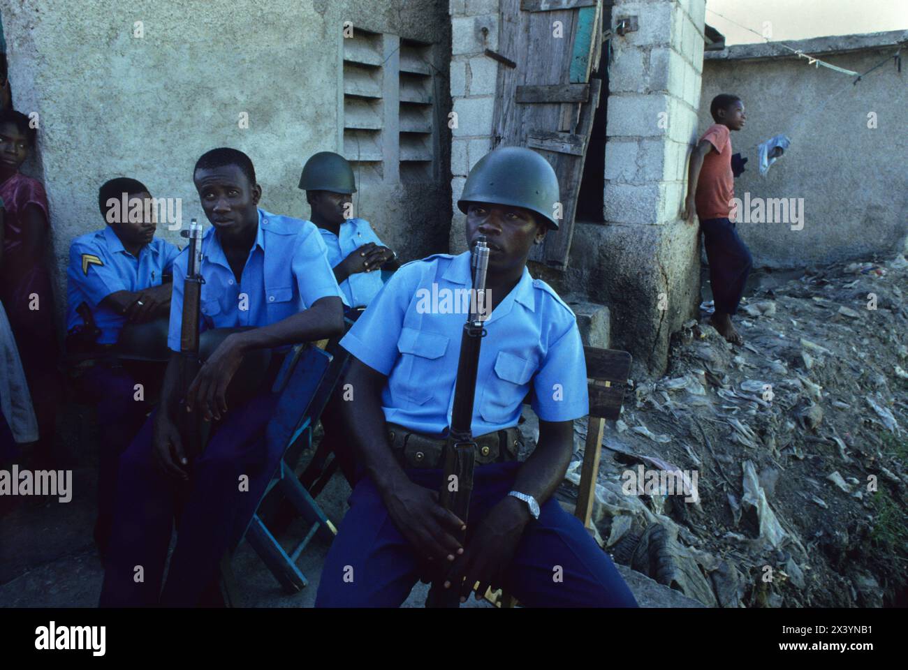 Haitian Police guard voting location Stock Photo