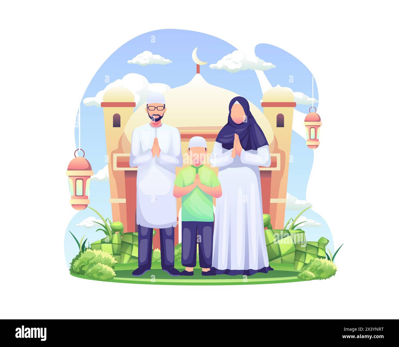 Eid Mubarak greeting and Ramadan greeting with a Muslim family. vector illustration Stock Vector
