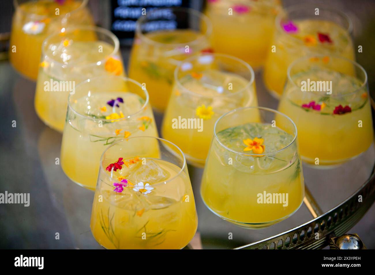 Colorful cocktails garnished with delicate edible flowers. Stock Photo