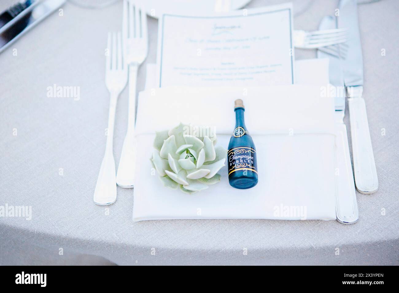 Elegant event table setting with succulent and mini champagne Stock Photo