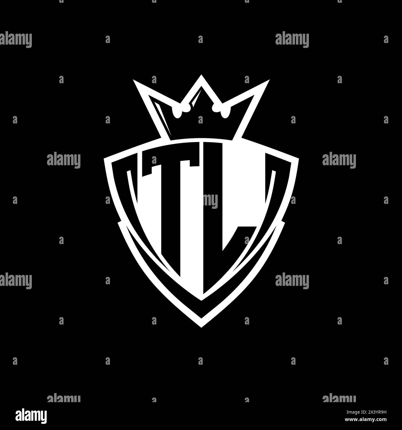 TL Bold letter logo with sharp triangle shield shape with crown inside white outline on black background template design Stock Photo