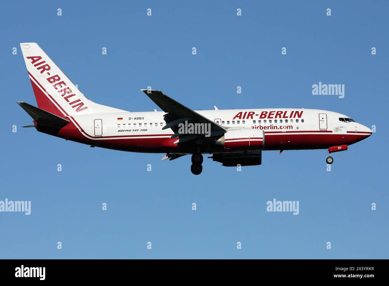 German Air Berlin Boeing 737-700 with registration D-ABBV on final for Dusseldorf Airport Stock Photo