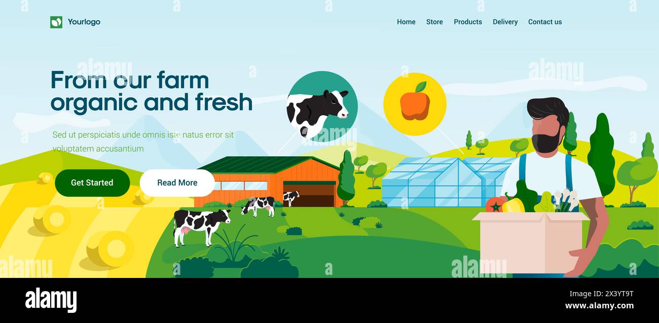 Landing page template of Organic Farm. Online grocery concept. Modern flat design concept of web page design for website and mobile website. Easy to e Stock Vector
