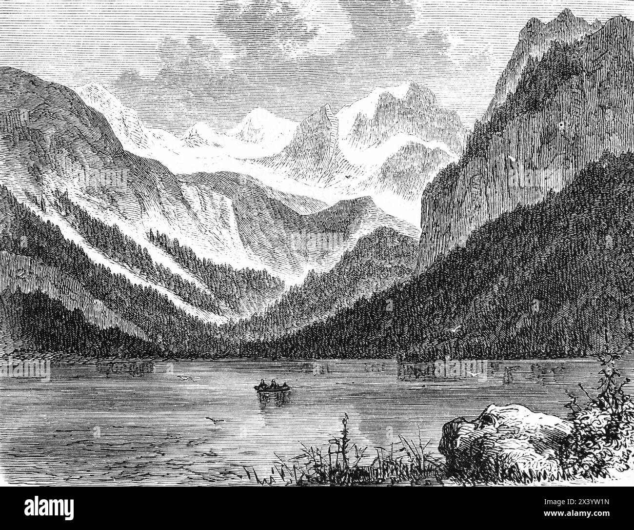 Lake Gosau in the Dachstein Mountains, The Alps,Salzkammergut, Upper Austria, Europe, historical illustration 1880 Stock Photo