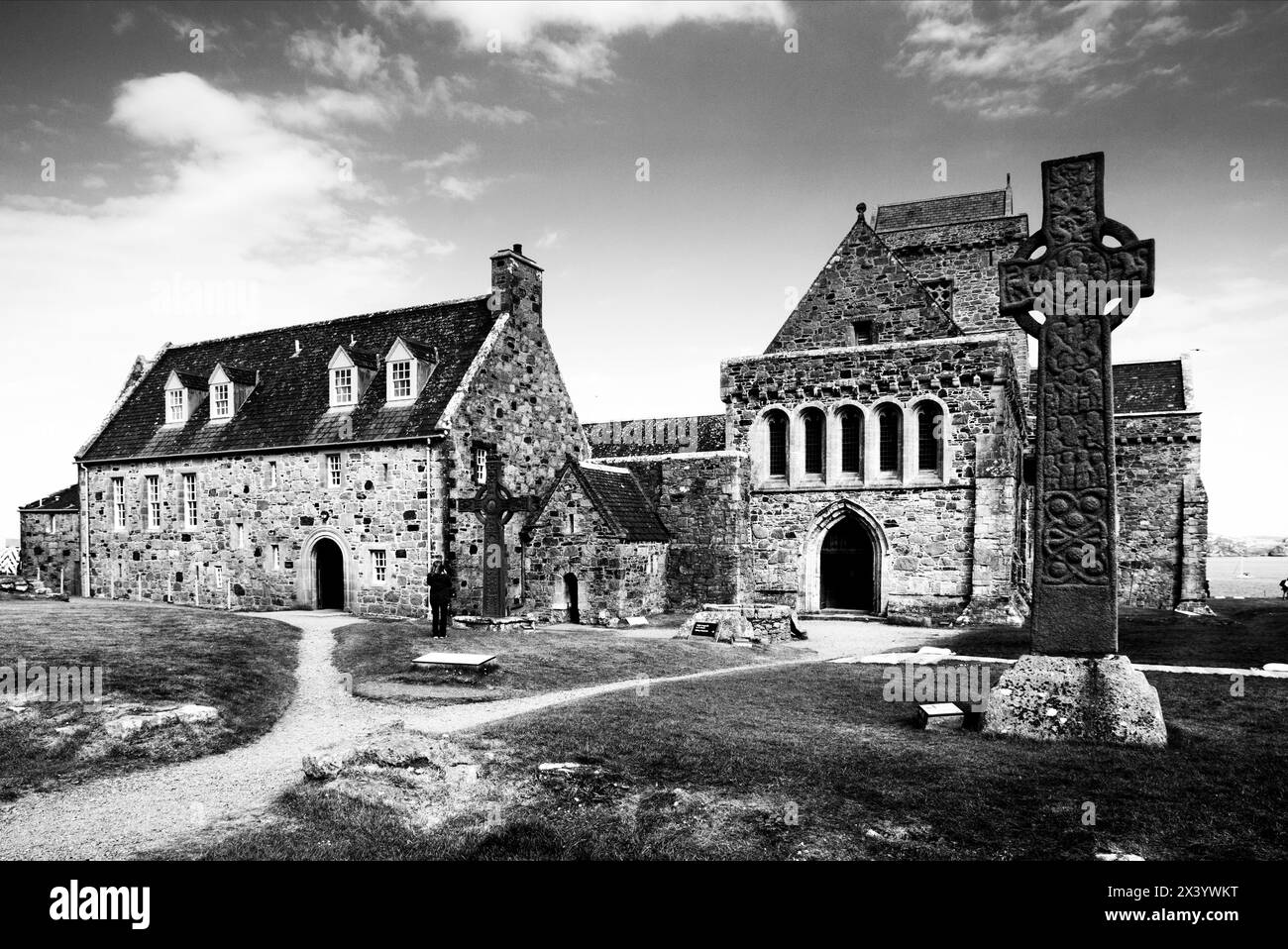 Iona Abbey, founded by St Columba in 563, the ruined remains of the Abbey and Nunnery were extensively restored from the late nineteenth century on Stock Photo