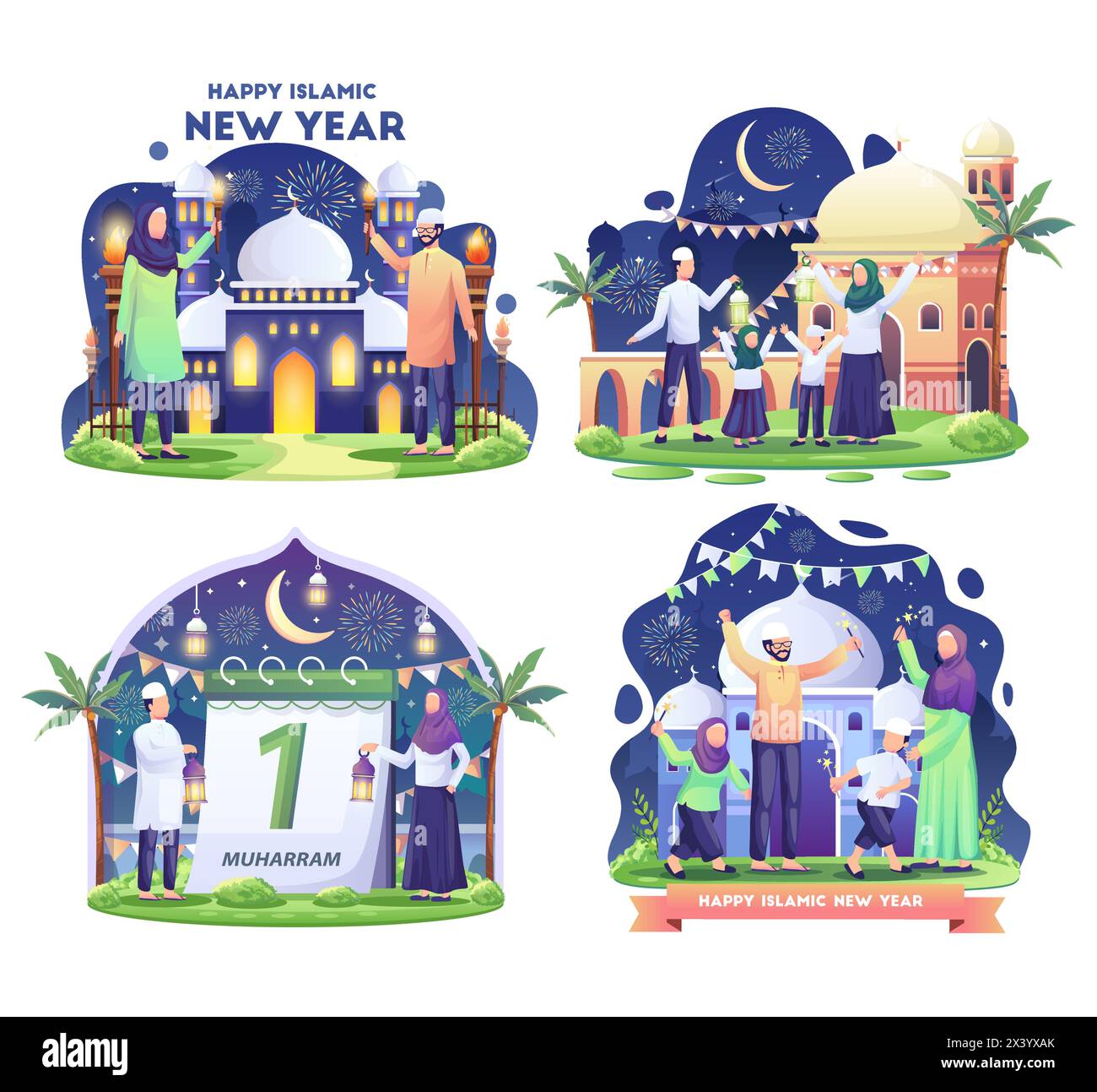 Set bundle of Muslim family celebrating Islamic new year with torches festival. Flat vector illustration Stock Vector