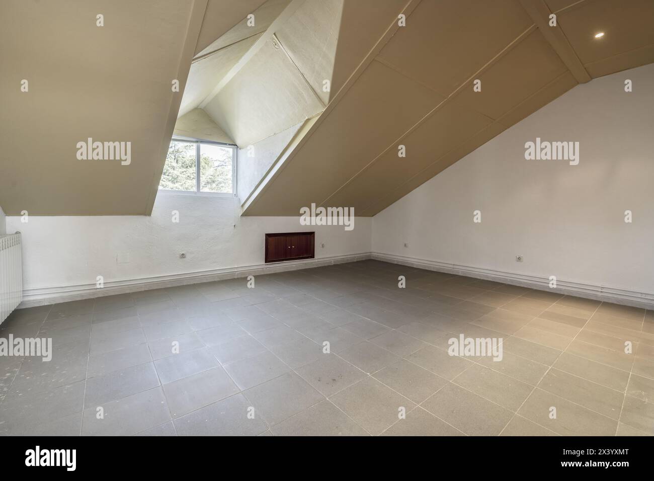 Attic room with windows with skylights, white aluminum radiators, and ...