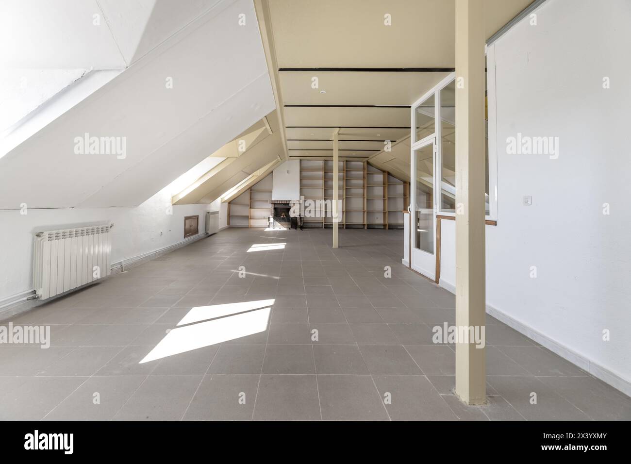 Large attic with a wall of shelves, windows with skylights, glass ...