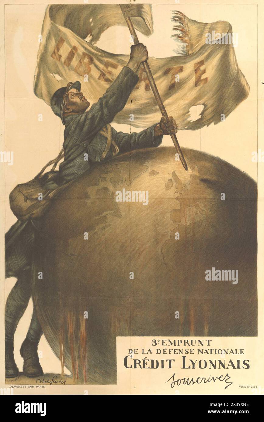 Vintage French War Post Banking Bond Poster illustration: Crédit Lyonnais WWI Liberte Poster,   War Loan Poster - French World War One Propaganda - 1917 Stock Photo
