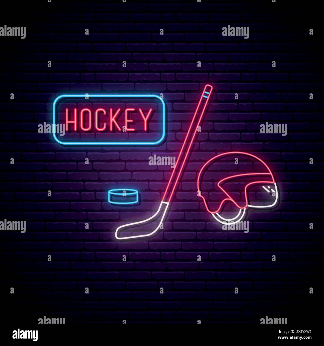 Hockey neon signboard. Glowing neon hokey attributes. Sport games advertisement design. Vector illustration. Stock Vector
