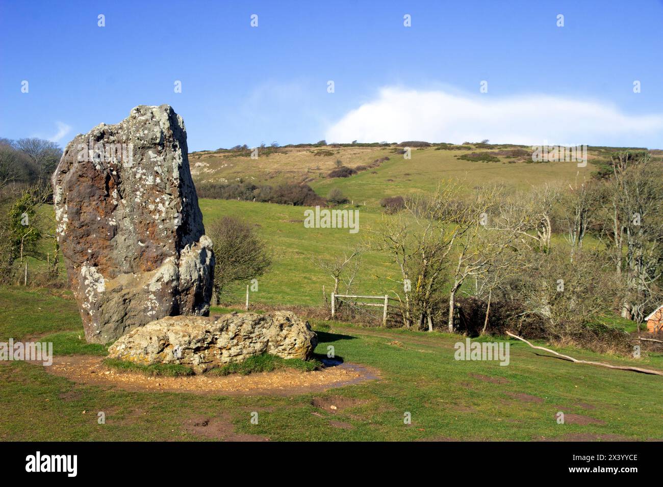 The Longstone, a megalithic monument near Mottistone on the Isle of Wight. Stock Photo
