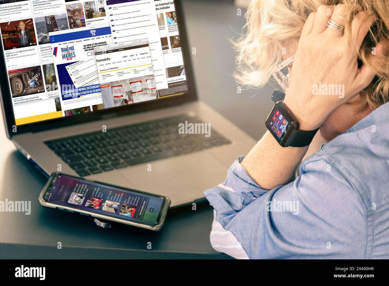 Blond woman addict to information on screens Stock Photo