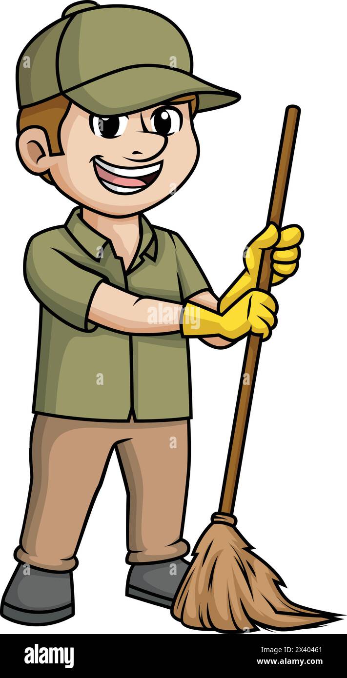 Man sweeping the floor with broom vector cartoon clip art Stock Vector