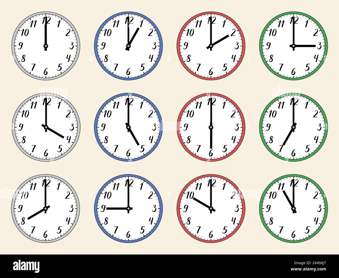 Vector illustration of a round analog clock with handwritten numbers. 1, 2, 3, 4, 5, 6, 7, 8, 9, 10, 11, 12, 13, 14, 15, 16, 17, 18, 19, 20, 21, 22 Stock Vector