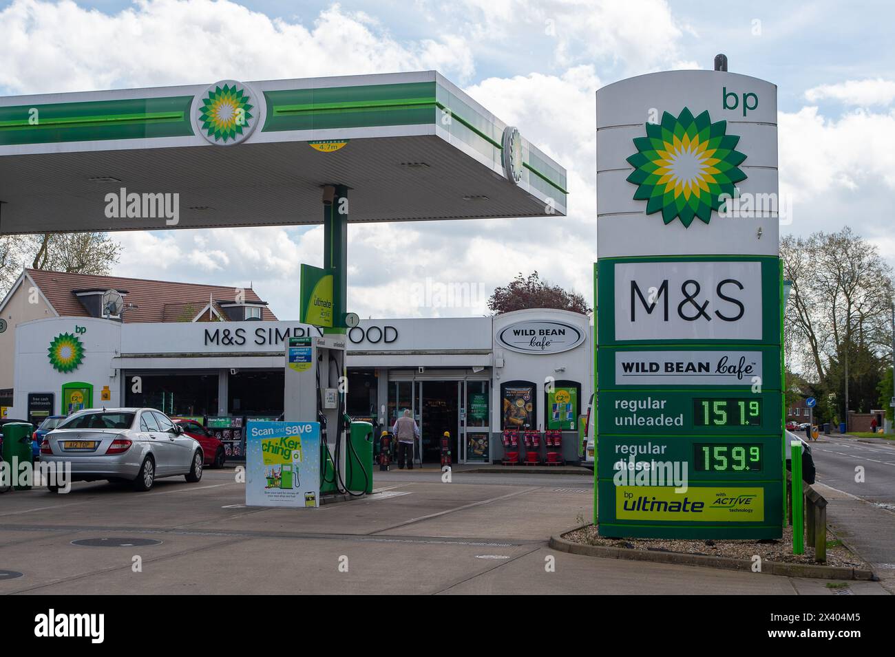 Old Windsor, Berkshire, UK. 29th April, 2024. A BP petrol station in Old Windsor, Berkshire. Fuel prices are on the rise again. Unleaded petrol prices were 151.9 per litre and diesel 159.9 at this petrol station today. Credit: Maureen McLean/Alamy Live News Stock Photo