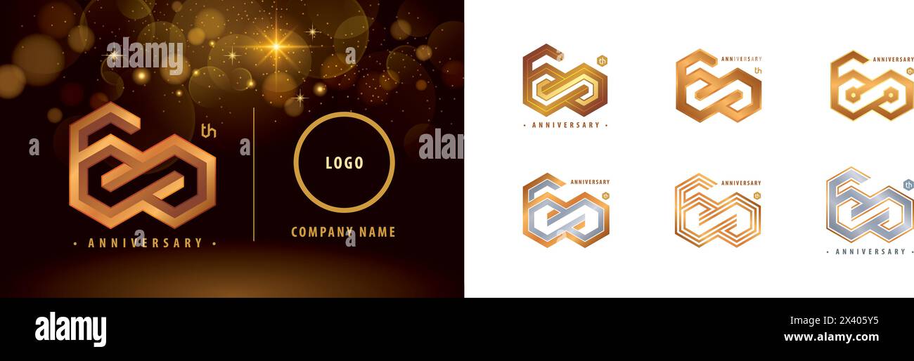 Set of 60th Anniversary logotype design, Sixty years anniversary celebration. Hexagon Infinity logo, 60 Years Celebrating Anniversary Logo silver and Stock Vector