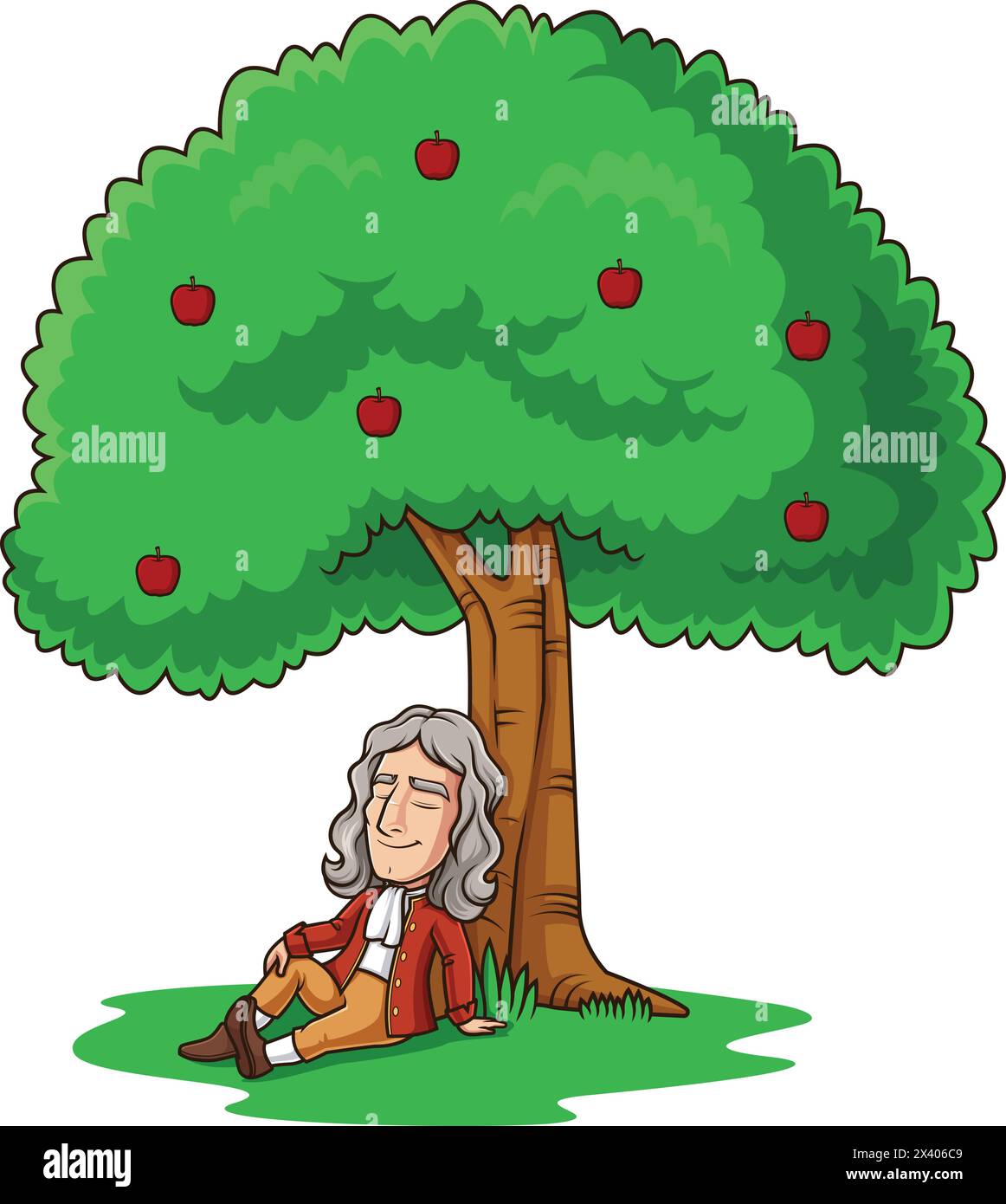 Isaac Newton under apple tree vector cartoon clip art Stock Vector