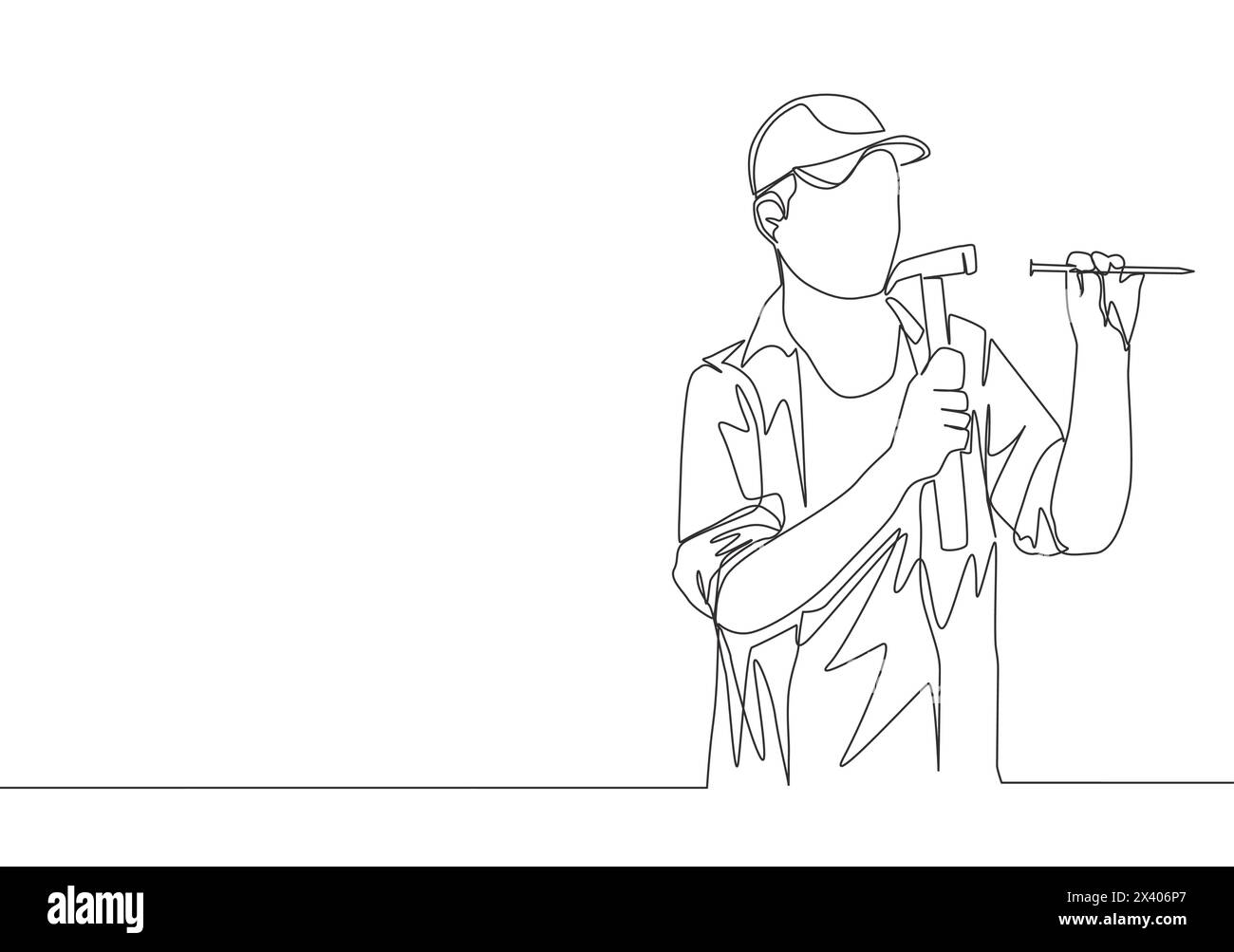 Single continuous line drawing of young attractive male handyman nailing wall with a hammer. Home renovation service concept one line draw design illu Stock Vector
