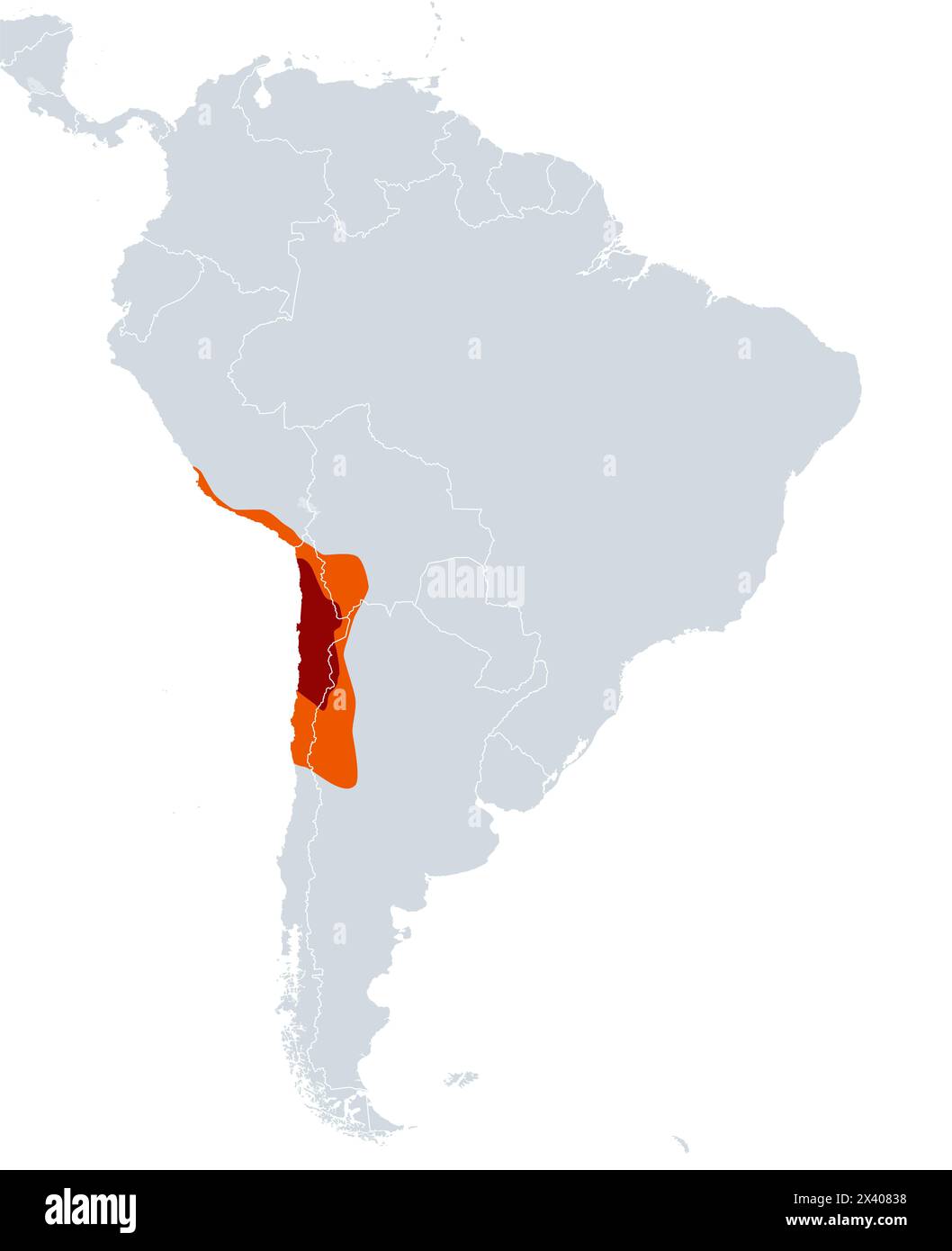 Atacama Desert, political map. Hyperarid desert plateau, located on the Pacific coast of South America, north of Chile, highlighted in red. Stock Photo