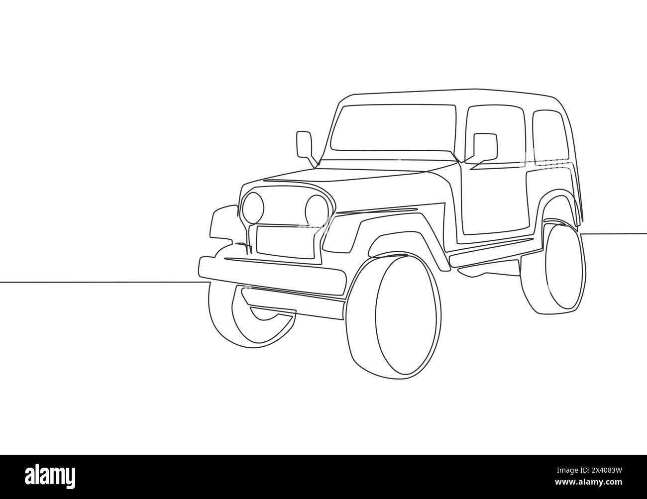 Single line drawing of 4x4 speed trail hill jeep car. Offroad adventure ...