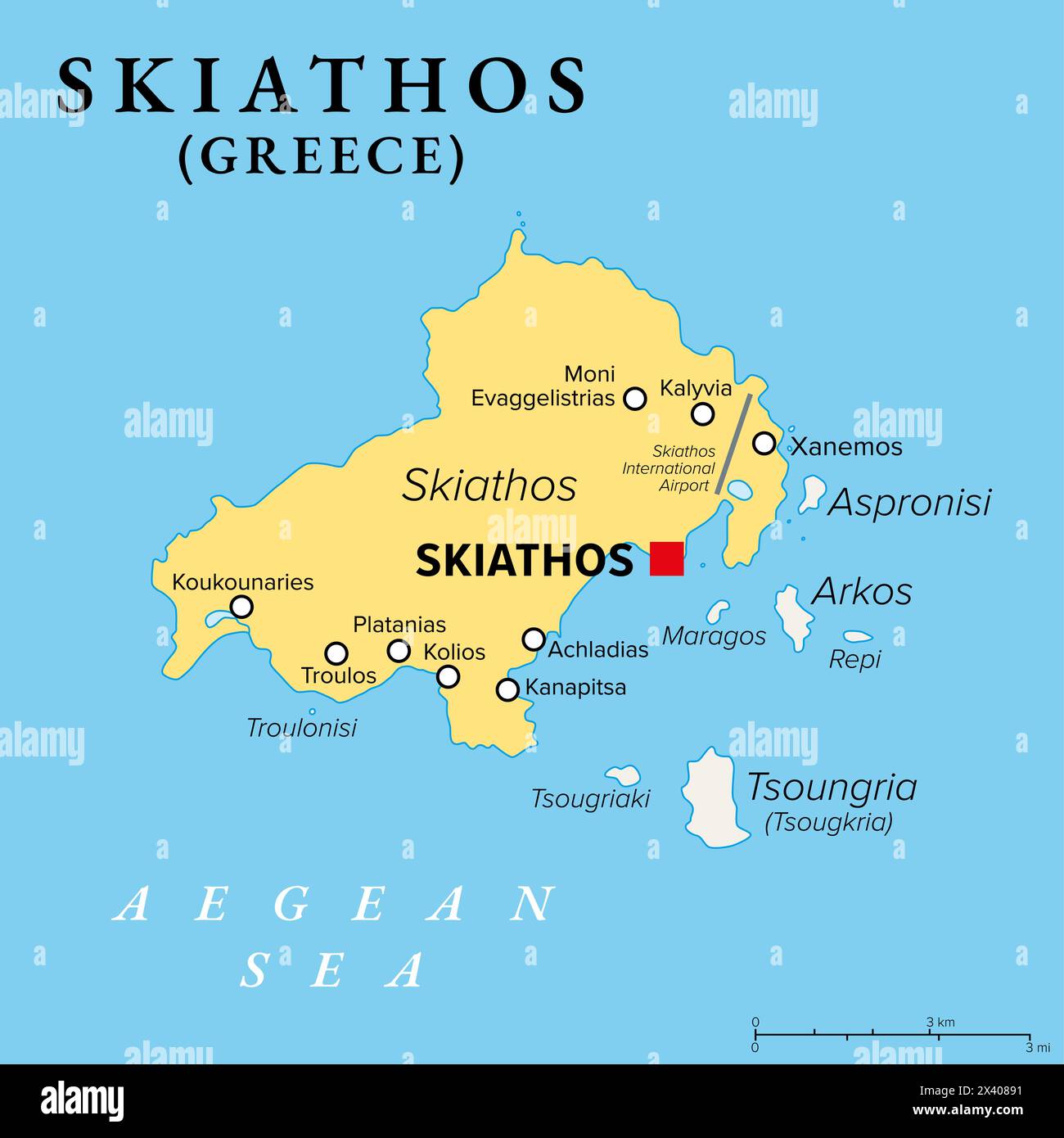 Skiathos, small Greek island, political map. Island in the Aegean Sea, part of the Sporades, with the main town Skiathos, and with neighboring islets. Stock Photo