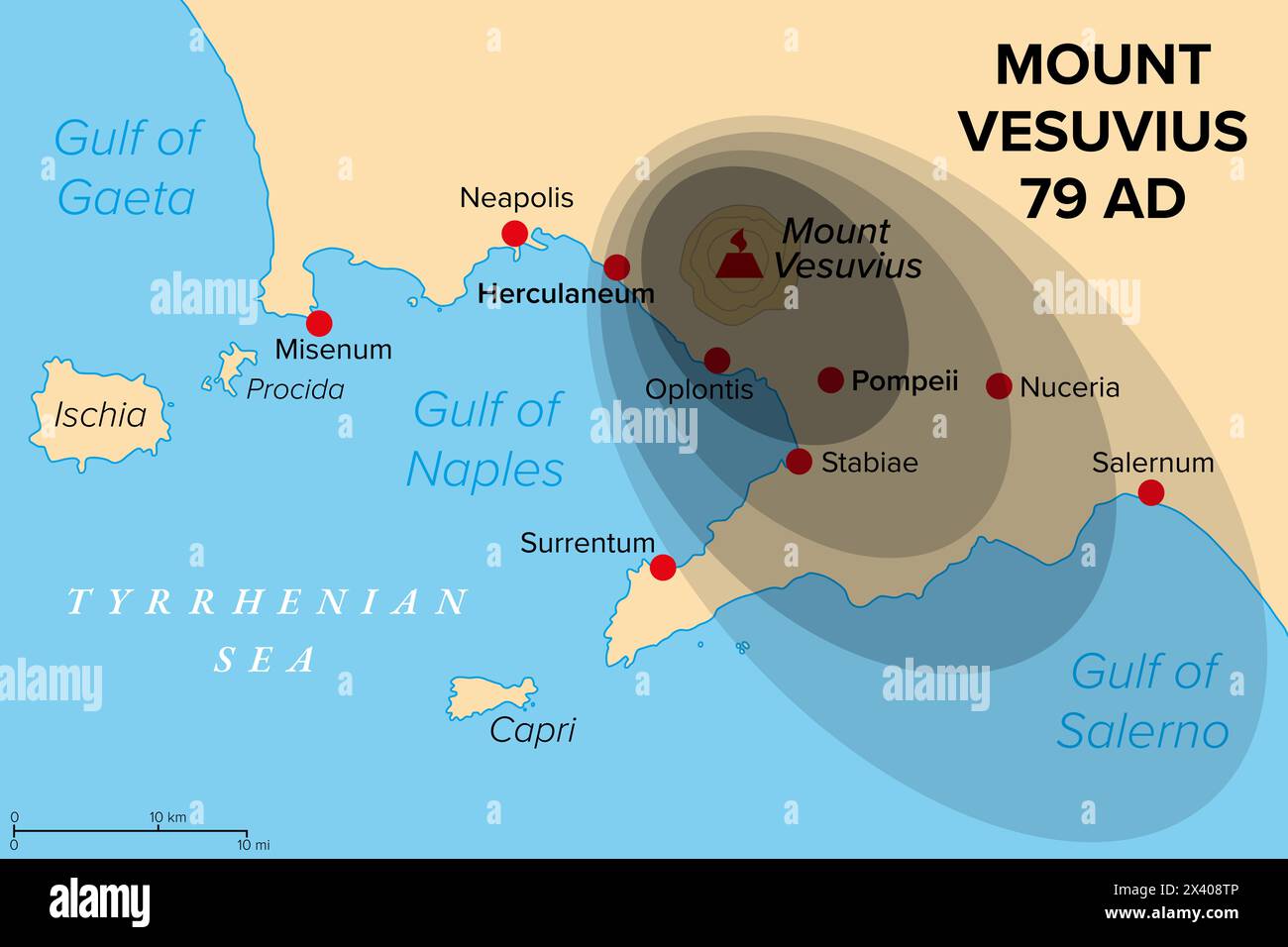 Eruption of Mount Vesuvius in 79 AD, history map. General distribution of ash and pumice. Stratovolcano in Italy, destroyed Pompeii and Herculaneum. Stock Photo