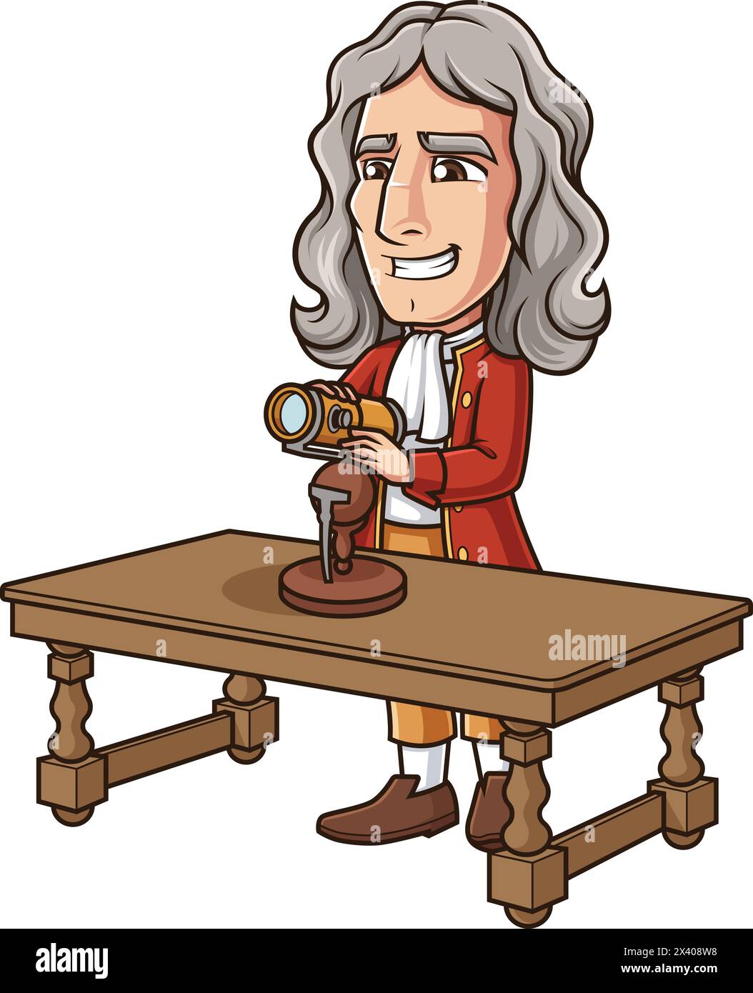 Isaac Newton inventing reflecting telescope vector cartoon clip art Stock Vector
