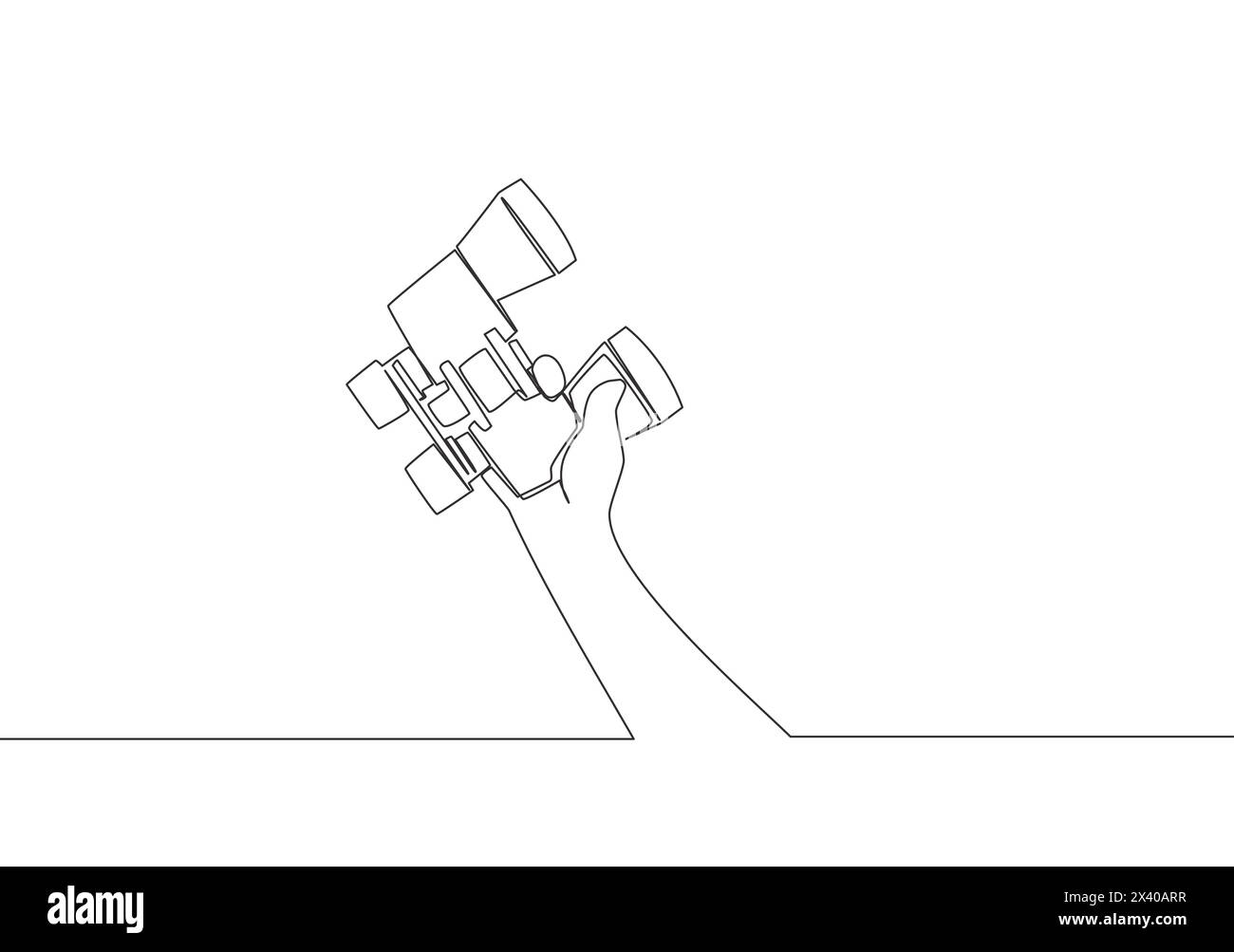 One single line drawing of man holding optical binocular glass