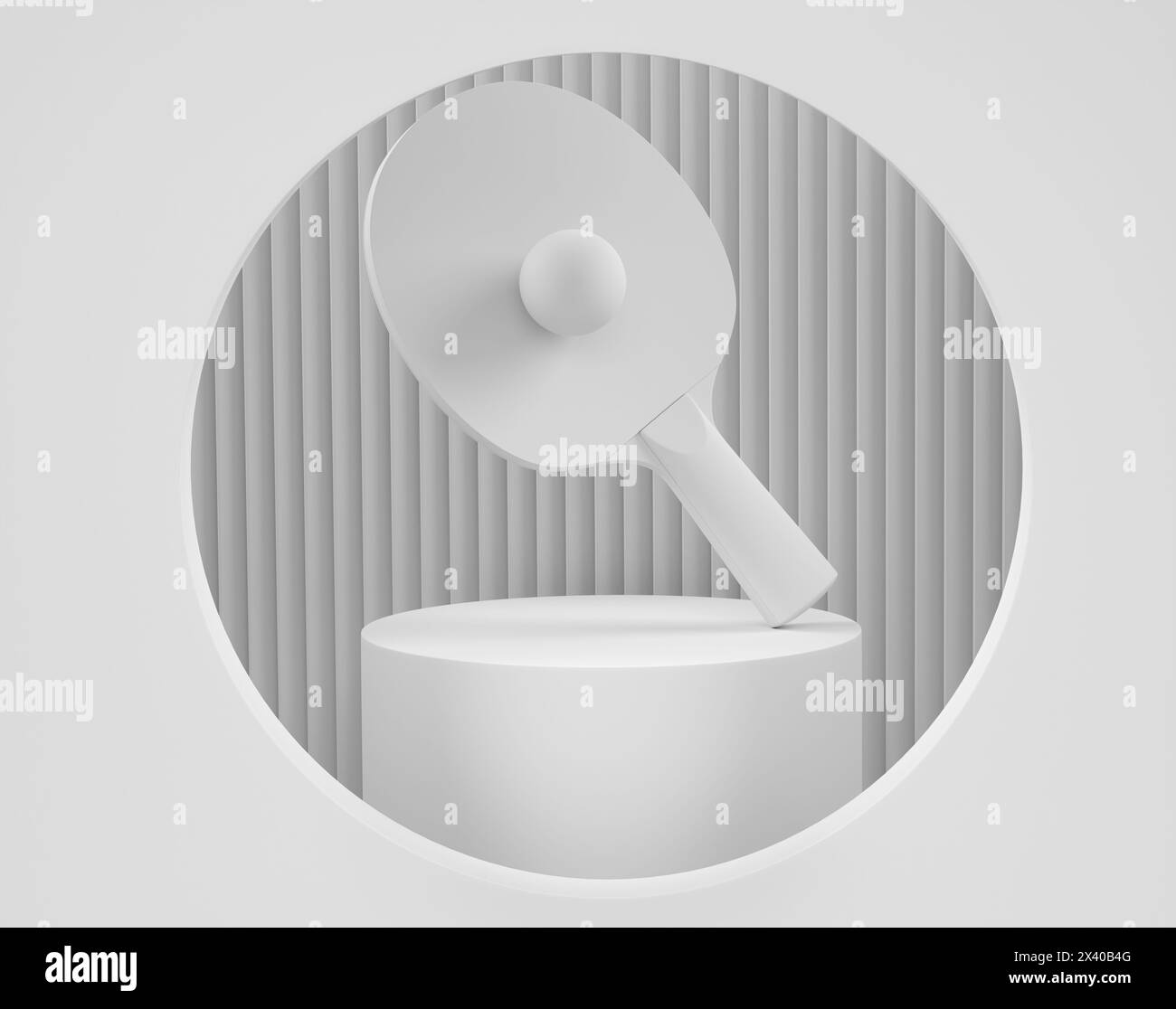 Ping pong racket for table tennis with ball on cylinder podium with steps on monochrome background. 3d render of display product like sport accessorie Stock Photo
