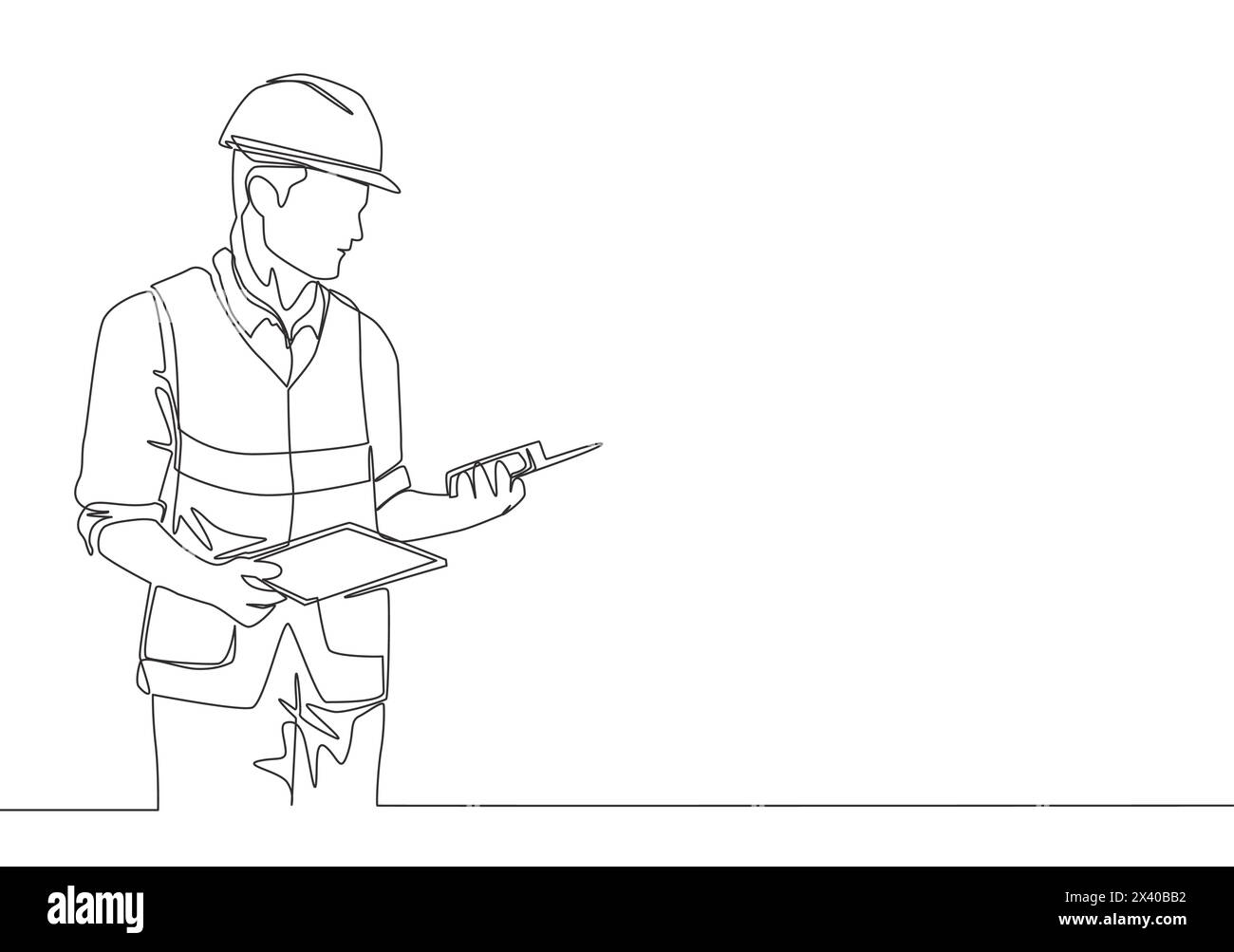 One continuous line drawing of young handsome foreman holding tablet ...