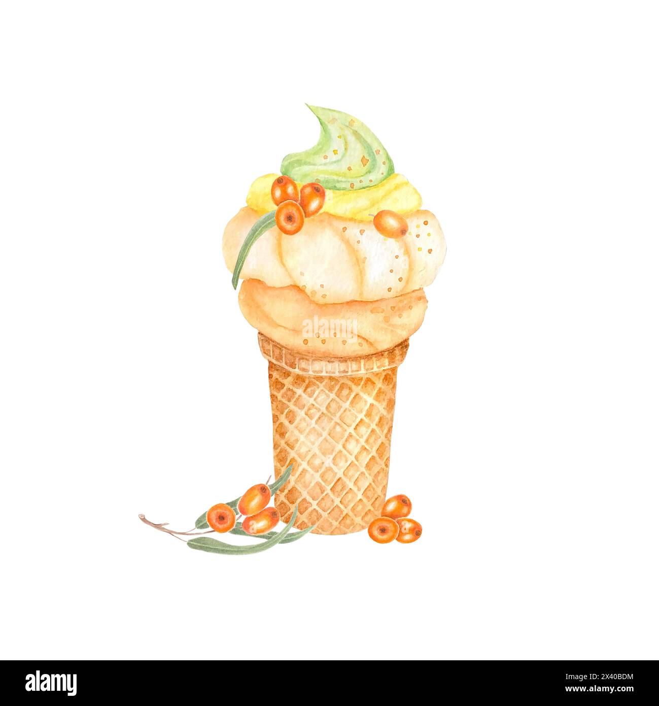 Sea buckthorn ice cream Realistic summer ice cream cone isolated on white background Mousse of buckthorn berries, botanical watercolor illustration  Stock Photo