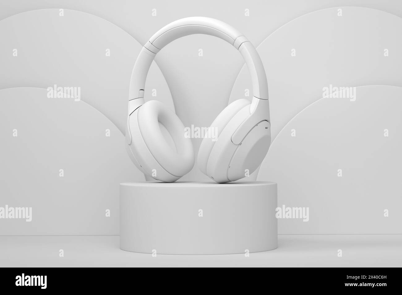 Realistic gaming headphones on cylinder podium with steps on monochrome background. 3d render of display product like streaming gear for cloud gaming Stock Photo