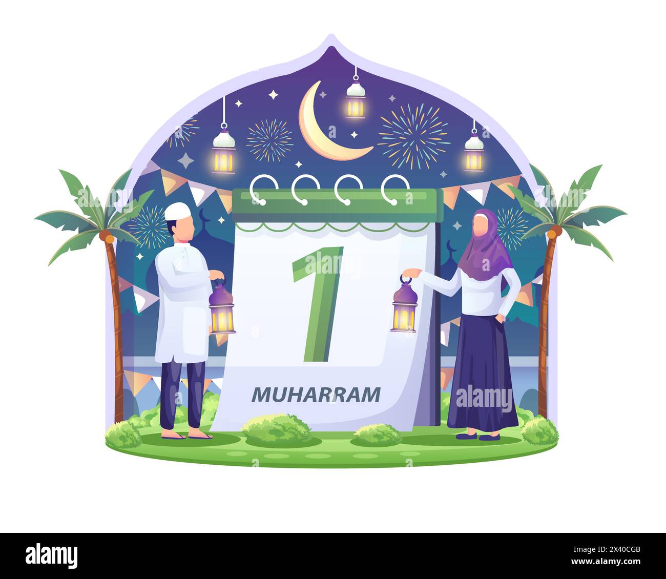 Muslim couples prepare for the Islamic New Year on the 1st of Muharram. Flat vector illustration Stock Vector