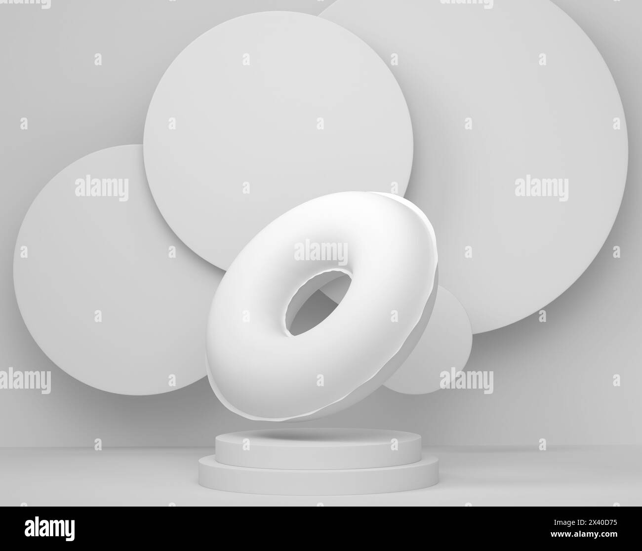Inflatable ring for kids in swimming pool on cylinder podium with steps on monochrome background. 3d render of display product like beach accessories Stock Photo