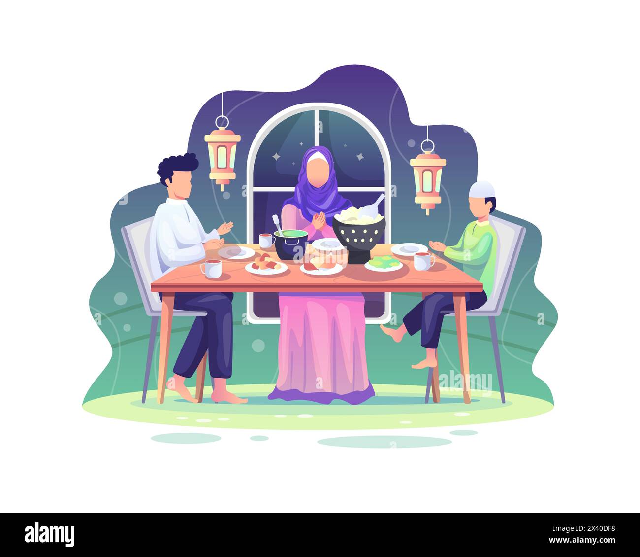 Ramadan Sahur and iftar party with Family During Ramadan Month, Eat Together With Muslim Family, Ramadan Fasting vector Illustration Stock Vector