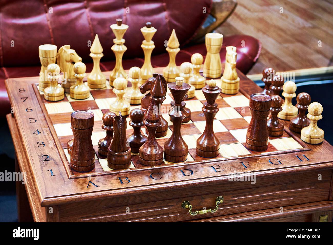 Vintage chessboard and chess pieces Stock Photo