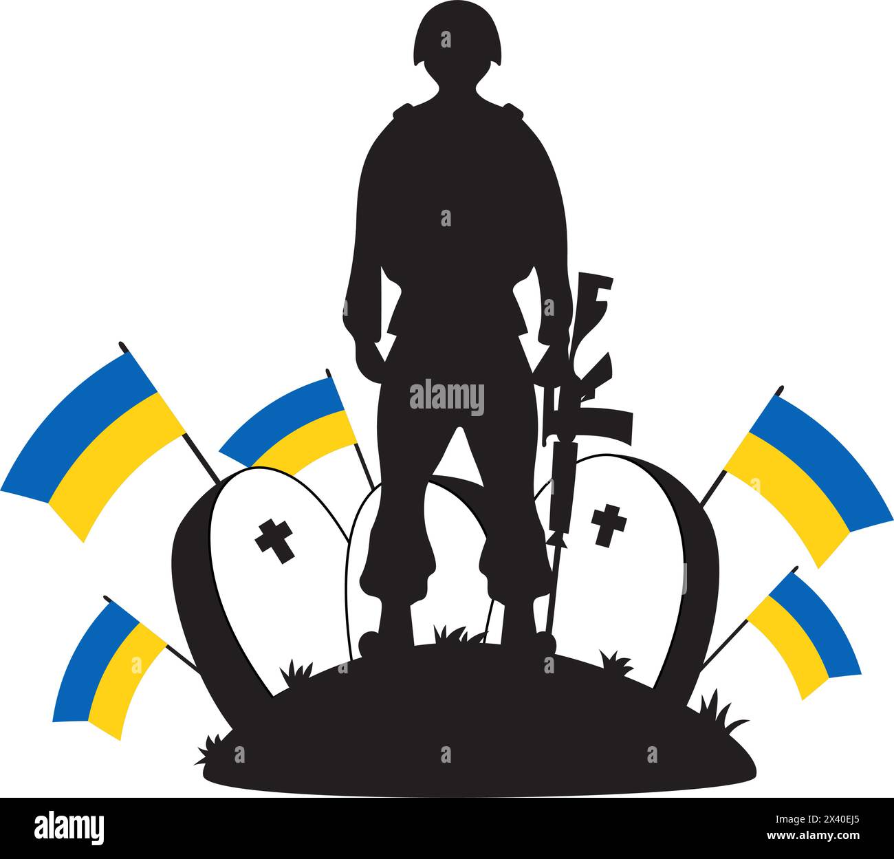 Military soldier stands with weapon in graveyard in front of graves with Ukrainian flags. Veterans Cemetery. Memorial Day. Silhouette drawing. Vector Stock Vector