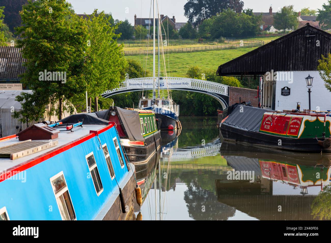 England, Northamptonshire, Braunston Marina with Moored Narrowboats Stock Photo