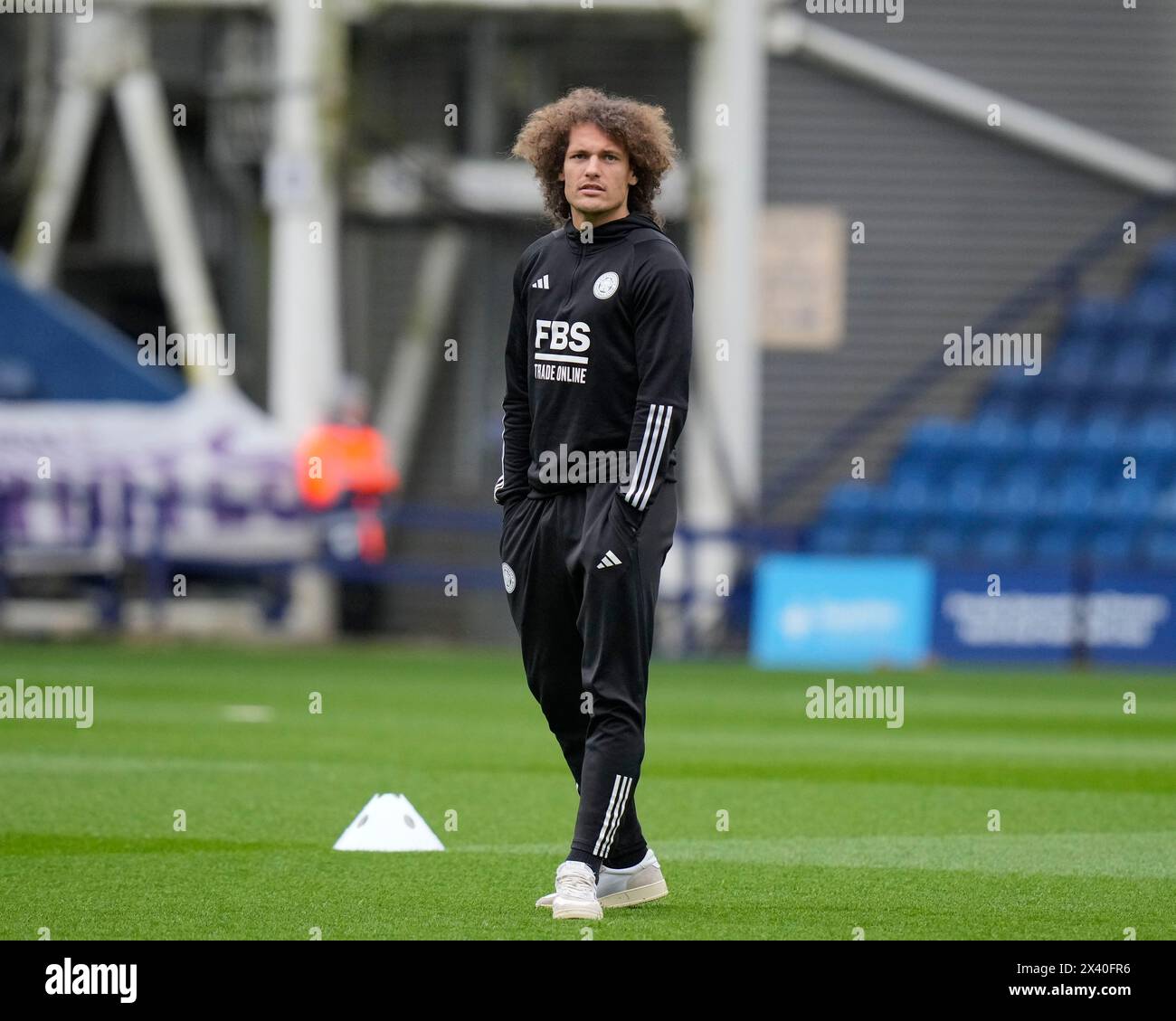 Wout Faes of Leicester City inspects the pitch before the Sky Bet Championship match Preston North End vs Leicester City at Deepdale, Preston, United Kingdom, 29th April 2024  (Photo by Steve Flynn/News Images) Stock Photo