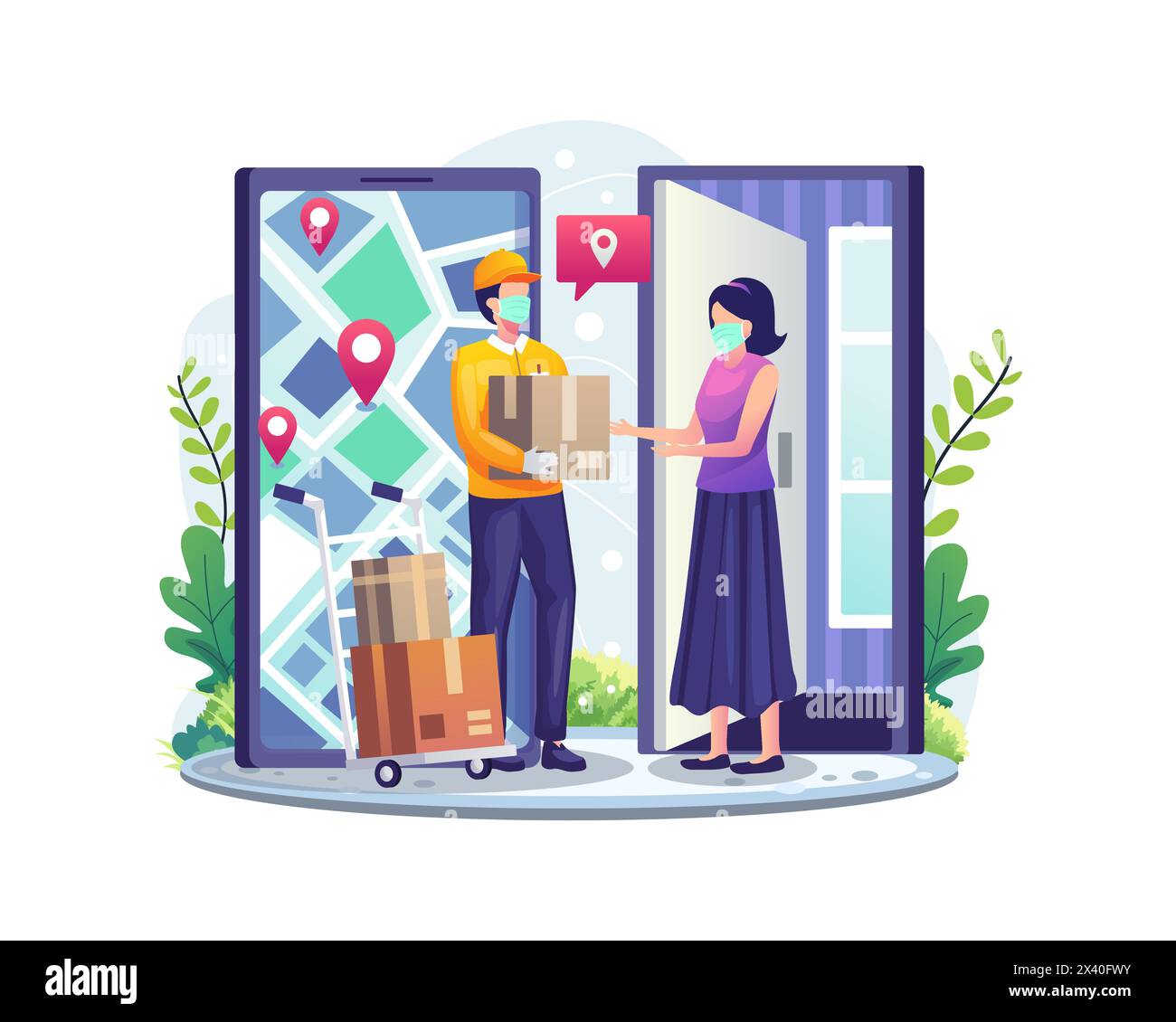 Online delivery services concept with a woman receiving parcel from delivery service courier through smartphone flat vector illustration Stock Vector