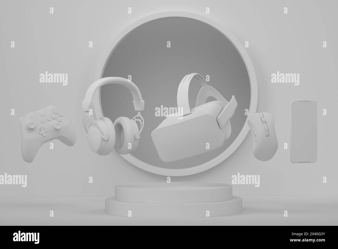 Set of video game joystick, VR glasses and headphones on monochrome ...