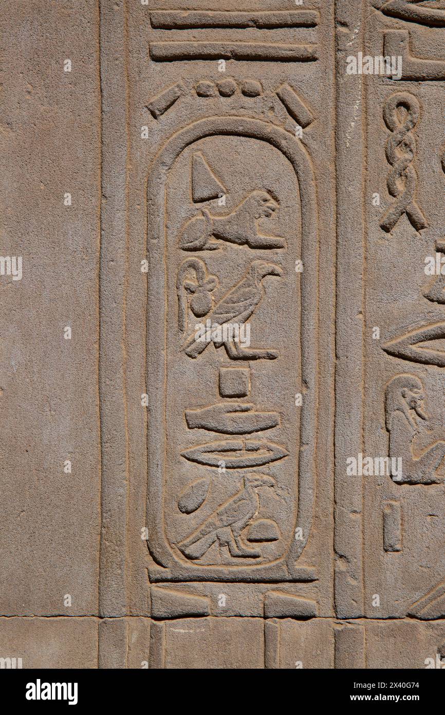 Close-up of the cartouche of the Egyptian queen Cleopatra (aka Cleopatra VII Thea Philopator) at the Temple of Kom Ombo, Egypt Stock Photo